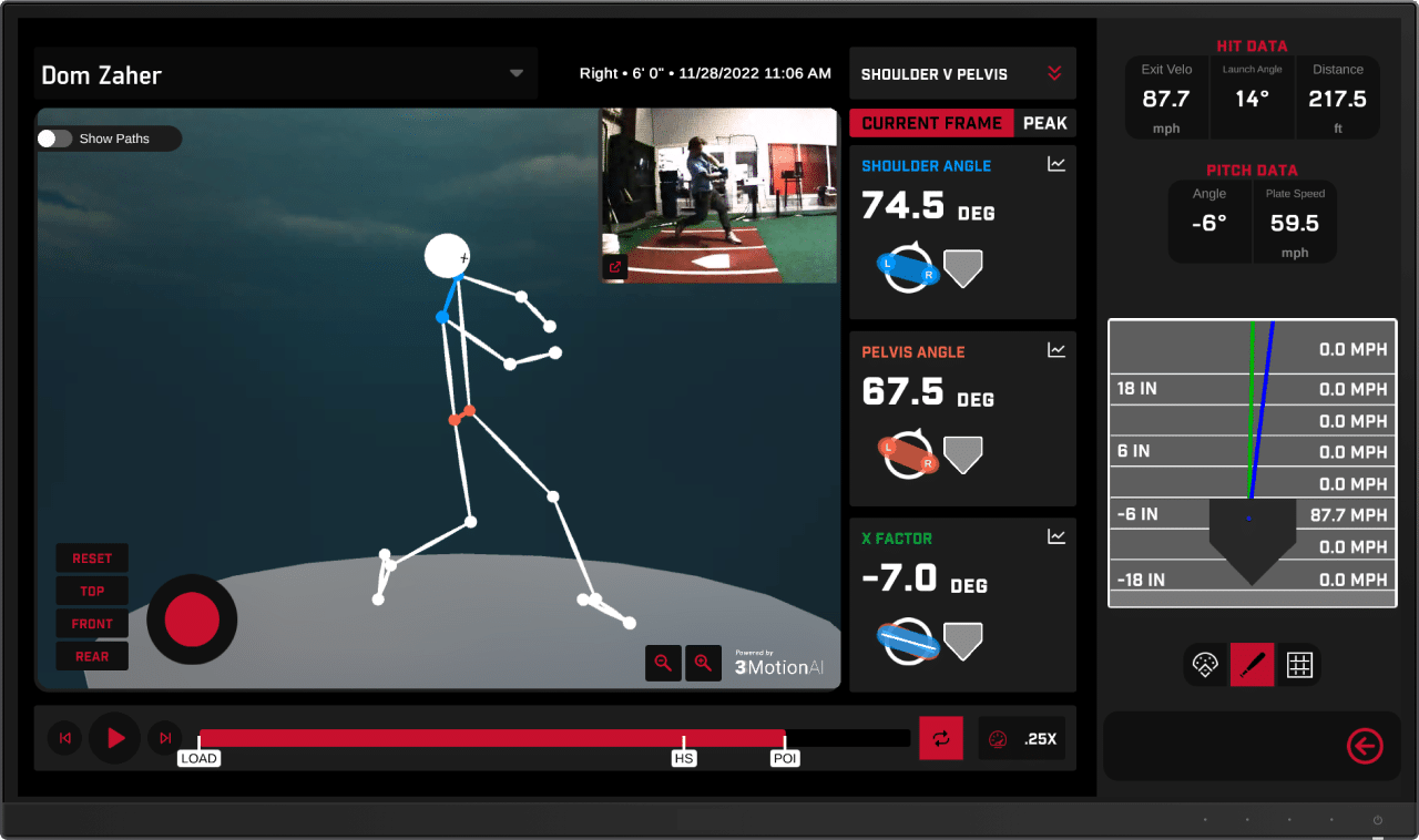 A screen shot of the biomechanics feature in HitTrax Pro