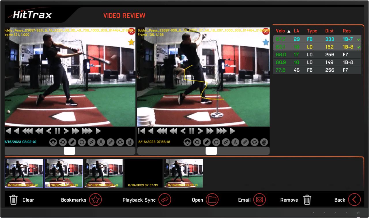 A screen capture of the video review feature in HitTrax Home application
